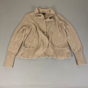 Talbots Cardigan Sweater‎ Women's Large Beige Open Ruffle Trim Knit Wool Blend